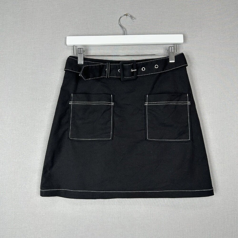 Maje Womens Skirt 38 Black Cotton Jombi Jupe Top Contrast Stitched Belted Mini